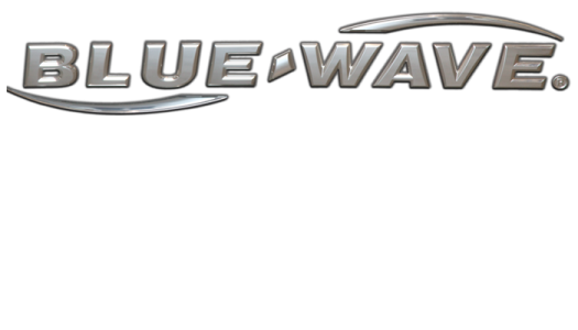 Metallic Blue Wave Boats logo on a black background featuring chrome-style lettering with a curved wave underline, representing the Blue Wave brand known for bay boats and saltwater fishing boats.