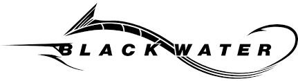 Blackwater sportfishing logo featuring a sleek black marlin silhouette forming the letters of “Blackwater” with flowing fishing line curves on a white background.